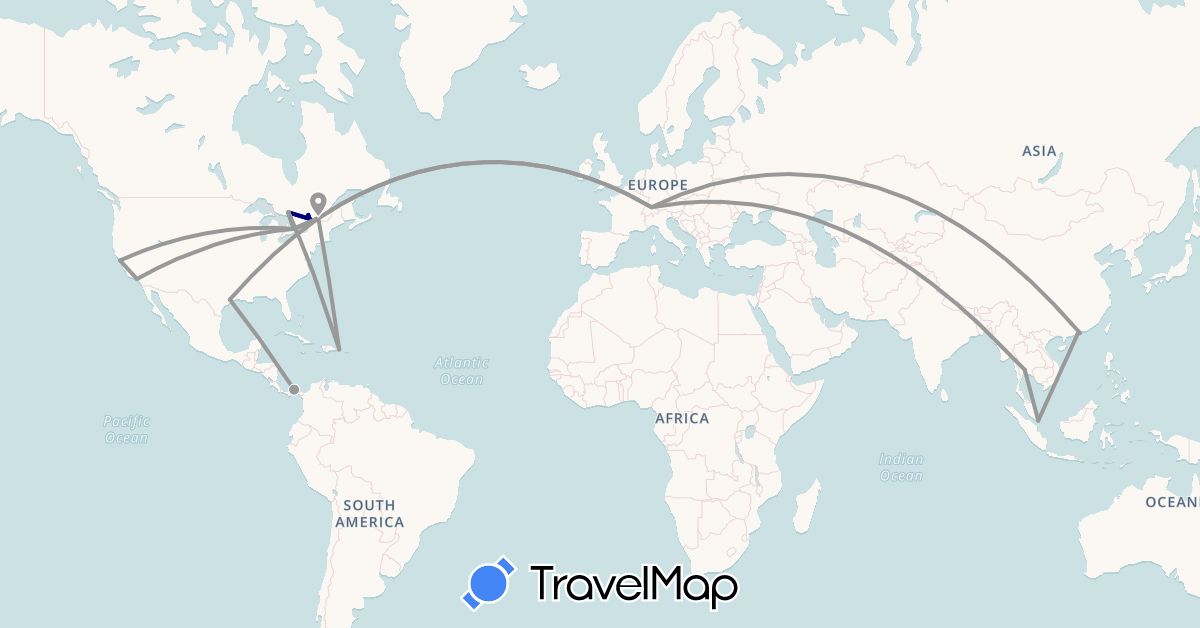 TravelMap itinerary: driving, plane in Canada, Switzerland, Dominican Republic, Hong Kong, Macau, Panama, Singapore, Thailand, United States (Asia, Europe, North America)